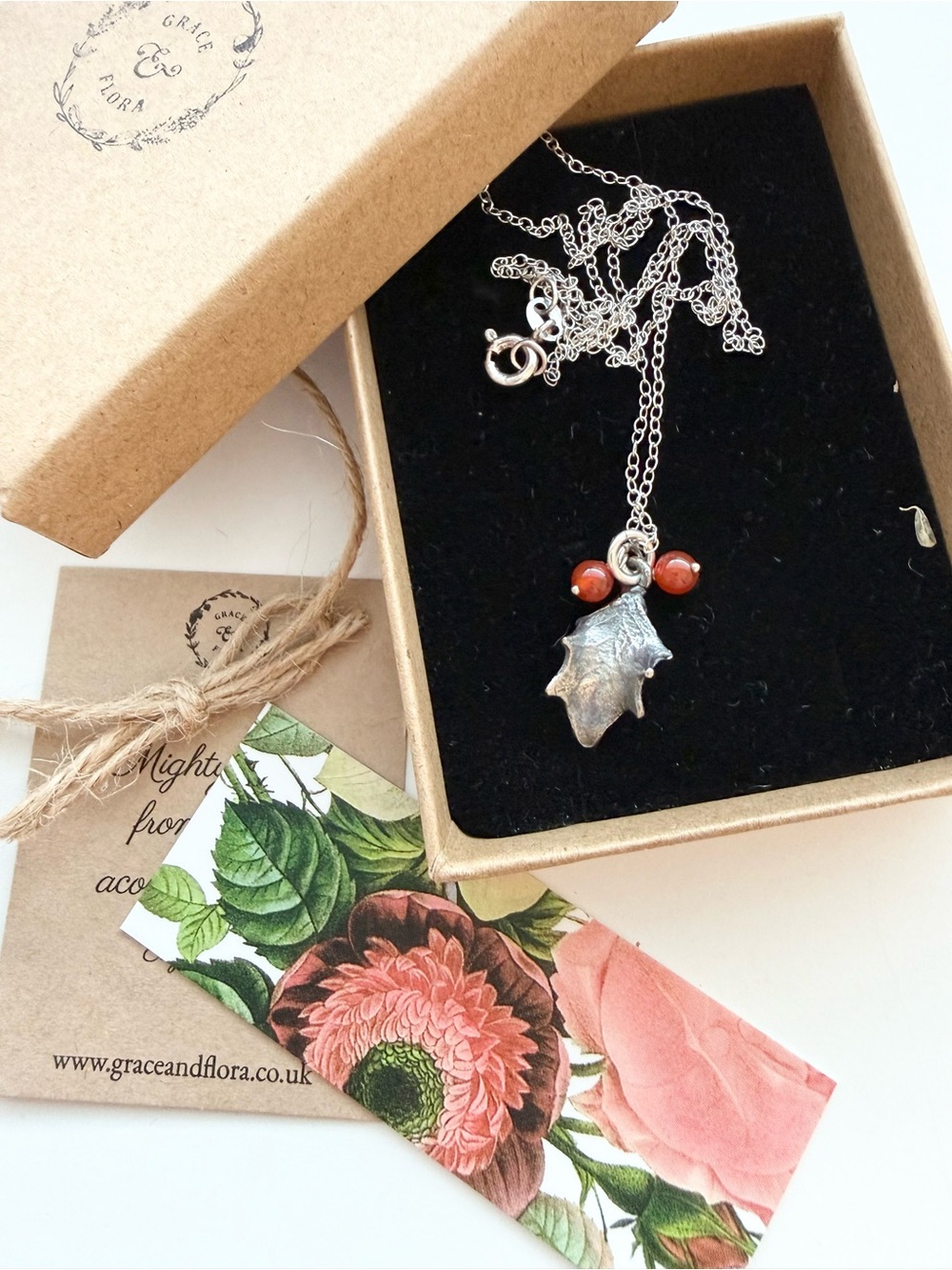 Sterling Silver Christmas Holly Leaf Pendant Necklace with Red Carnelian Beads